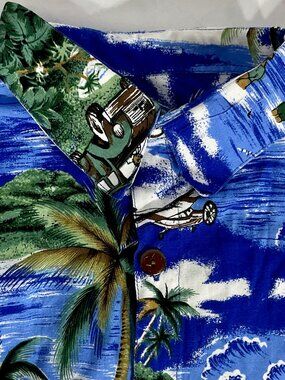 Mango Moon Mens Sz L Hawaiian Short Sleeve Shirt Boats Palm Trees Cybersource